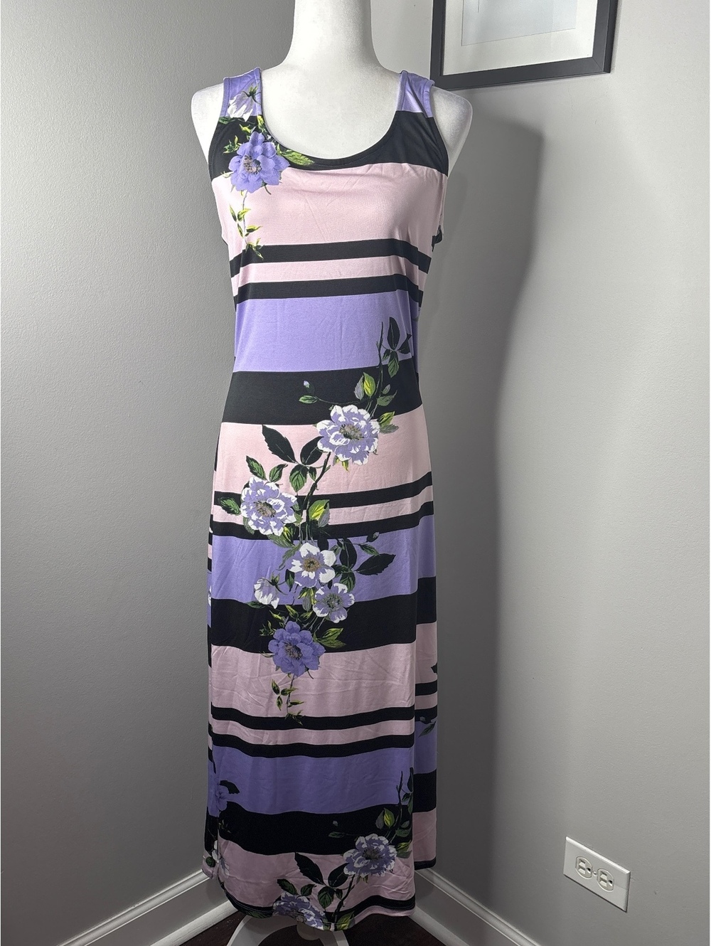 Nina Leonard Medium Black Lilac Floral Stripe Maxi Dress